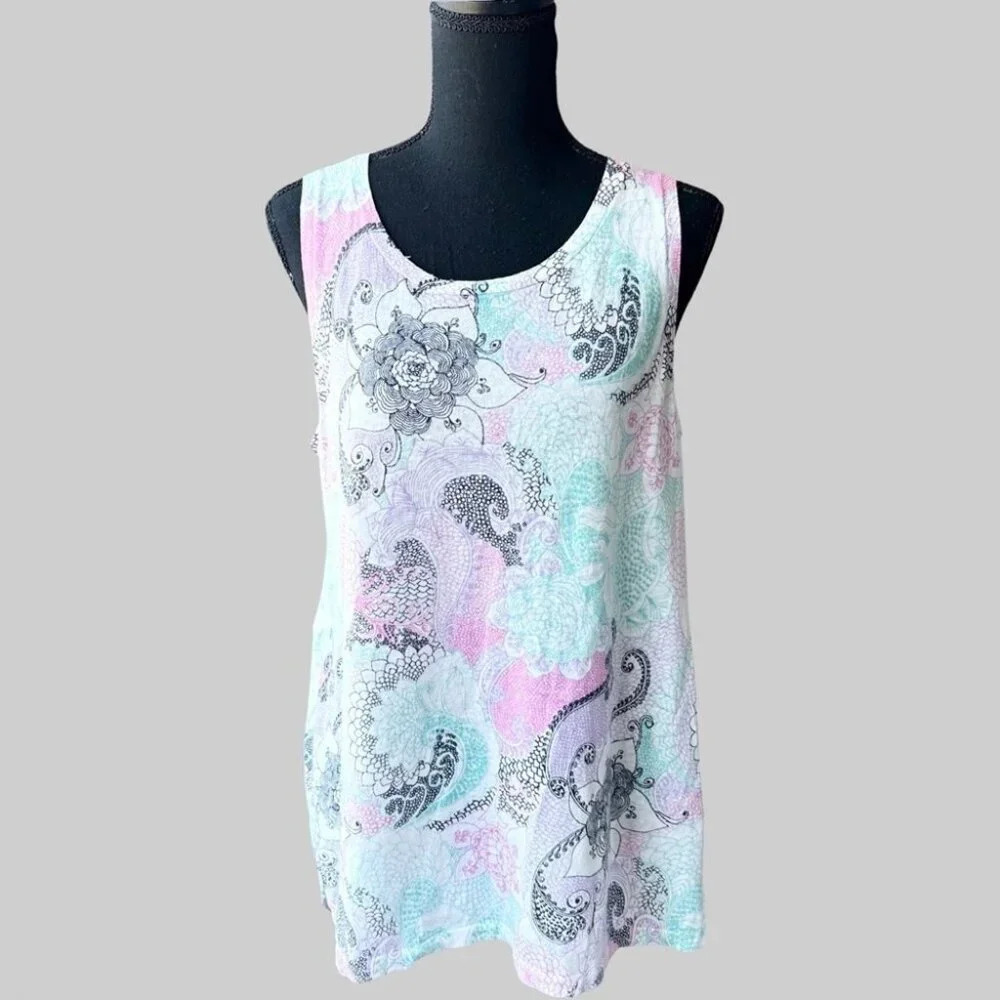 Talbots Multi Color Floral Mandala Linen Sleeveless  Blouse Tank Top